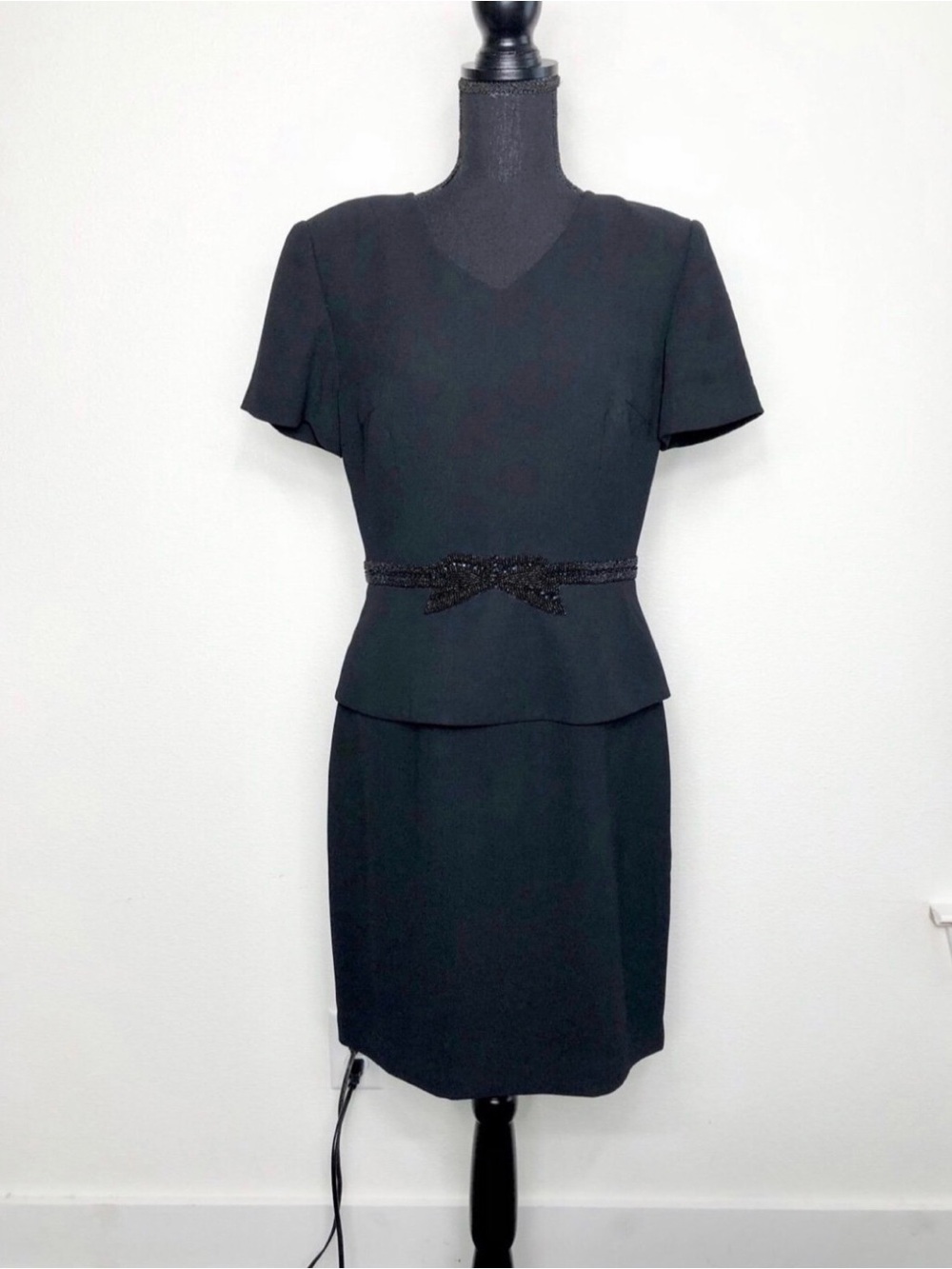 Donna Morgan Black Career Dress with Black Beading Bow Accent